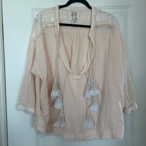 Johnny Was Jeli Cotton Gauze Peasant Tassel Tie Neck Top Shirt Swim Cover Up S